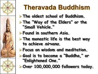 Theravada Buddhism
 The oldest school of Buddhism.
 The “Way of the Elders” or the
  “Small Vehicle.”
 Found in southern Asia.
 The monastic life is the best way
  to achieve nirvana.
 Focus on wisdom and meditation.
 Goal is to become a “Buddha,” or
  “Enlightened One.”
 Over 100,000,000 followers today.
 