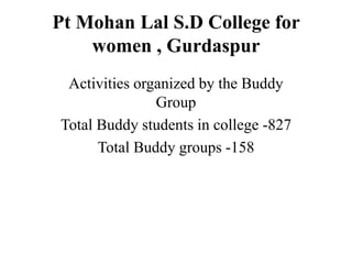 Pt Mohan Lal S.D College for
women , Gurdaspur
Activities organized by the Buddy
Group
Total Buddy students in college -827
Total Buddy groups -158
 