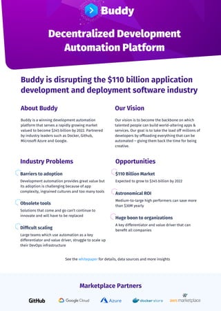 Buddy is a winning development automation
platform that serves a rapidly growing market
valued to become $345 billion by 2022. Partnered
by industry leaders such as Docker, Github,
Microsoft Azure and Google.
About Buddy
Our vision is to become the backbone on which
talented people can build world-altering apps &
services. Our goal is to take the load off millions of
developers by offloading everything that can be
automated – giving them back the time for being
creative.
Our Vision
Decentralized Development
Automation Platform
Buddy is disrupting the $110 billion application
development and deployment software industry
Marketplace Partners
Opportunities
Expected to grow to $345 billion by 2022
$110 Billion Market
A key differentiator and value driver that can
benefit all companies
Huge boon to organizations
Medium-to-large high performers can save more
than $30M yearly
Astronomical ROI
Industry Problems
Development automation provides great value but
its adoption is challenging because of app
complexity, ingrained cultures and too many tools
Barriers to adoption
Large teams which use automation as a key
differentiator and value driver, struggle to scale up
their DevOps infrastructure
Difficult scaling
Solutions that come and go can’t continue to
innovate and will have to be replaced
Obsolete tools
See the whitepaper for details, data sources and more insights
 