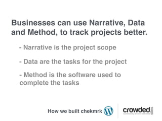 Businesses can use Narrative, Data
and Method, to track projects better.
  - Narrative is the project scope

  - Data are the tasks for the project

  - Method is the software used to
  complete the tasks



           How we built chekmrk
 