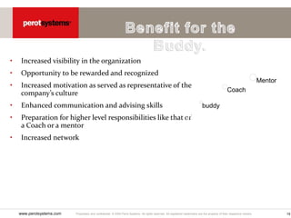 Proprietary and confidential. © 2005 Perot Systems. All rights reserved. All registered trademarks are the property of their respective owners.
www.perotsystems.com 19
• Increased visibility in the organization
• Opportunity to be rewarded and recognized
• Increased motivation as served as representative of the
company’s culture
• Enhanced communication and advising skills
• Preparation for higher level responsibilities like that of
a Coach or a mentor
• Increased network
buddy
Coach
Mentor
 