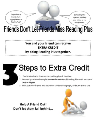 Do you have a                                                           Do Reading Plus
  friend who’s                                                          together, and help
lagging behind in                                                       your friend as you
 Reading Plus?                                                            help yourself.




                    You and your friend can receive
                            EXTRA CREDIT
                    by doing Reading Plus together.




             1. Find a friend who does not do reading plus all the time.
             2. You and your friend complete an entire session of Reading Plus with a score of
                70% or higher.
             3. Print out your friends and your own rainbow line graph, and turn it in to the
                teacher.




        Help A Friend Out!
    Don’t let them fall behind...
 