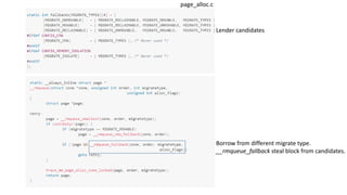 page_alloc.c
Lender candidates
Borrow from different migrate type.
__rmqueue_fallback steal block from candidates.
 