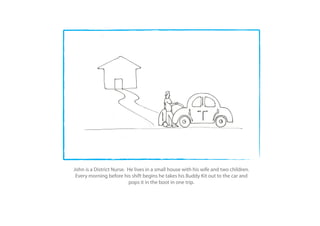John is a District Nurse. He lives in a small house with his wife and two children.
 Every morning before his shift begins he takes his Buddy Kit out to the car and
                          pops it in the boot in one trip.
 