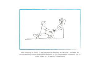 John opens up his Buddy Kit and prepares the dressings on the surface available. It’s
smooth and easy to wipe down before and after he has completed the treatment. The 2D
                     format means he can see all of his kit clearly.
 