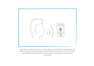 John makes a verbal record of some observations he made whilst completing the last
patients care that he did not want to record in front of the patient as well as a note to
   pack a di erent dressing next time. He can later transcribe this using software,
                                     or manually.
 