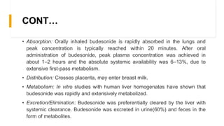 CONT…
• Absorption: Orally inhaled budesonide is rapidly absorbed in the lungs and
peak concentration is typically reached within 20 minutes. After oral
administration of budesonide, peak plasma concentration was achieved in
about 1–2 hours and the absolute systemic availability was 6–13%, due to
extensive first-pass metabolism.
• Distribution: Crosses placenta, may enter breast milk.
• Metabolism: In vitro studies with human liver homogenates have shown that
budesonide was rapidly and extensively metabolized.
• Excretion/Elimination: Budesonide was preferentially cleared by the liver with
systemic clearance. Budesonide was excreted in urine(60%) and feces in the
form of metabolites.
 