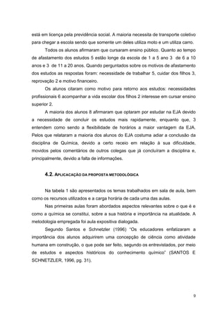 9
está em licença pela previdência social. A maioria necessita de transporte coletivo
para chegar a escola sendo que somente um deles utiliza moto e um utiliza carro.
Todos os alunos afirmaram que cursaram ensino público. Quanto ao tempo
de afastamento dos estudos 5 estão longe da escola de 1 a 5 ano 3 de 6 a 10
anos e 3 de 11 a 20 anos. Quando perguntados sobre os motivos de afastamento
dos estudos as respostas foram: necessidade de trabalhar 5, cuidar dos filhos 3,
reprovação 2 e motivo financeiro.
Os alunos citaram como motivo para retorno aos estudos: necessidades
profissionais 6 acompanhar a vida escolar dos filhos 2 interesse em cursar ensino
superior 2.
A maioria dos alunos 8 afirmaram que optaram por estudar na EJA devido
a necessidade de concluir os estudos mais rapidamente, enquanto que, 3
entendem como sendo a flexibilidade de horários a maior vantagem da EJA.
Pelos que relataram a maioria dos alunos do EJA costuma adiar a conclusão da
disciplina de Química, devido a certo receio em relação à sua dificuldade,
movidos pelos comentários de outros colegas que já concluíram a disciplina e,
principalmente, devido a falta de informações.
4.2. APLICACAÇÃO DA PROPOSTA METODOLÓGICA
Na tabela 1 são apresentados os temas trabalhados em sala de aula, bem
como os recursos utilizados e a carga horária de cada uma das aulas.
Nas primeiras aulas foram abordados aspectos relevantes sobre o que é e
como a química se constitui, sobre a sua história e importância na atualidade. A
metodologia empregada foi aula expositiva dialogada.
Segundo Santos e Schnetzler (1996) “Os educadores enfatizaram a
importância dos alunos adquirirem uma concepção de ciência como atividade
humana em construção, o que pode ser feito, segundo os entrevistados, por meio
de estudos e aspectos históricos do conhecimento químico” (SANTOS E
SCHNETZLER, 1996, pg. 31).
 