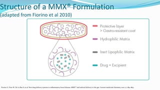 Structure of a MMX® Formulation
(adapted from Fiorino et al 2010)
Fiorino G, Fries W, De La Rue S, et al. New drug delivery systems in inflammatory bowel disease: MMX™ and tailored delivery to the gut. Current medicinal chemistry 2010; 17: 1851-1857.
 