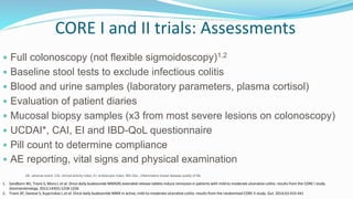 CORE I and II trials: Assessments
 Full colonoscopy (not flexible sigmoidoscopy)1,2
 Baseline stool tests to exclude infectious colitis
 Blood and urine samples (laboratory parameters, plasma cortisol)
 Evaluation of patient diaries
 Mucosal biopsy samples (x3 from most severe lesions on colonoscopy)
 UCDAI*, CAI, EI and IBD-QoL questionnaire
 Pill count to determine compliance
 AE reporting, vital signs and physical examination
1. Sandborn WJ, Travis S, Moro L et al. Once-daily budesonide MMX(R) extended-release tablets induce remission in patients with mild to moderate ulcerative colitis: results from the CORE I study.
Gastroenterology. 2012;143(5):1218-1226
2. Travis SP, Danese S, Kupcinskas L et al. Once-daily budesonide MMX in active, mild-to-moderate ulcerative colitis: results from the randomised CORE II study. Gut. 2014;63:433-441
AE, adverse event; CAI, clinical activity index; EI, endoscopic index; IBD-QoL, inflammatory bowel disease quality of life
 