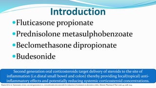 Introduction
Fluticasone propionate
Prednisolone metasulphobenzoate
Beclomethasone dipropionate
Budesonide
Second generation oral corticosteroids target delivery of steroids to the site of
inﬂammation (i.e.distal small bowel and colon) thereby providing local(topical) anti-
inﬂammatory effects and potentially reducing systemic corticosteroid concentrations.
Haens GD et al. Systematic review: second-generation vs. conventionalcorticosteroids for induction of remission in ulcerative colitis. Aliment Pharmacol Ther 2016; 44: 1018–1029
 