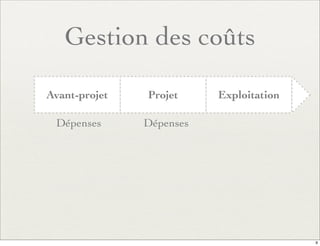Gestion des coûts
Avant-projet Projet Exploitation
Dépenses Dépenses
9
 