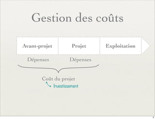 Gestion des coûts
Avant-projet Projet Exploitation
Dépenses Dépenses
Coût du projet
Investissement
9
 