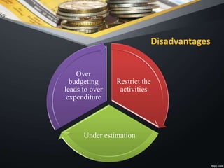 Disadvantages
Restrict the
activities
Under estimation
Over
budgeting
leads to over
expenditure
 