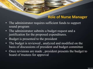 Role of Nurse Manager
• The administrator requires sufficient funds to support
sound program
• The administrator submits a budget request and a
justification for the proposed expenditures.
• Budget is presented to the president
• The budget is reviewed , analyzed and modified on the
basis of discussions of president and budget committee
• Once revisions are made , president presents the budget to
board of trustees for approval
 