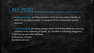 KEY POINT:
 Revenue receipts are those receipts which do not create a liability or
which do not reduce assets. It comprise of tax revenue and non-tax
revenue.
 Capital receipts are those receipts which raise funds either by incurring
a liability or by disposing of assets. It is divided in following categories:
(i) Borrowing and other liabilities
(ii) Recovery of loans
(iii) Disinvestment
 