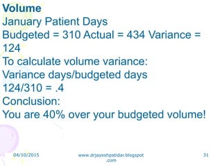 Volume
January Patient Days
Budgeted = 310 Actual = 434 Variance =
124
To calculate volume variance:
Variance days/budgeted days
124/310 = .4
Conclusion:
You are 40% over your budgeted volume!
04/10/2015 www.drjayeshpatidar.blogspot
.com
31
 