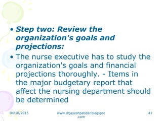 • Step two: Review the
organization's goals and
projections:
• The nurse executive has to study the
organization's goals and financial
projections thoroughly. - Items in
the major budgetary report that
affect the nursing department should
be determined
04/10/2015 www.drjayeshpatidar.blogspot
.com
41
 