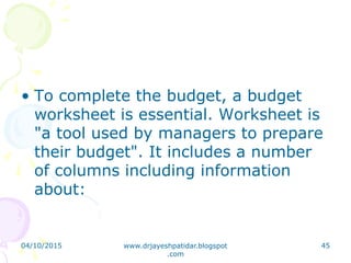 • To complete the budget, a budget
worksheet is essential. Worksheet is
"a tool used by managers to prepare
their budget". It includes a number
of columns including information
about:
04/10/2015 www.drjayeshpatidar.blogspot
.com
45
 