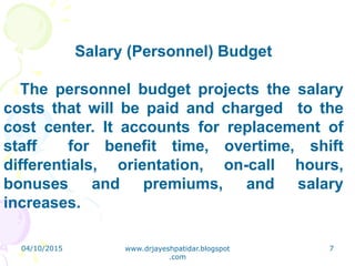 Salary (Personnel) Budget
The personnel budget projects the salary
costs that will be paid and charged to the
cost center. It accounts for replacement of
staff for benefit time, overtime, shift
differentials, orientation, on-call hours,
bonuses and premiums, and salary
increases.
04/10/2015 www.drjayeshpatidar.blogspot
.com
7
 