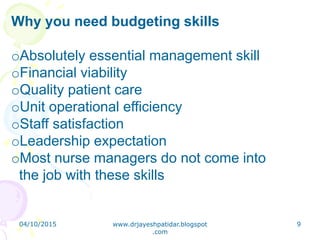 Why you need budgeting skills
oAbsolutely essential management skill
oFinancial viability
oQuality patient care
oUnit operational efficiency
oStaff satisfaction
oLeadership expectation
oMost nurse managers do not come into
the job with these skills
04/10/2015 www.drjayeshpatidar.blogspot
.com
9
 