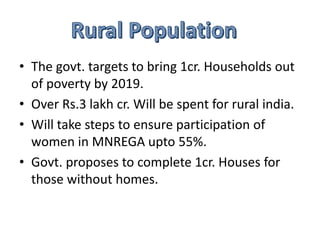 .
• The govt. targets to bring 1cr. Households out
of poverty by 2019.
• Over Rs.3 lakh cr. Will be spent for rural india.
• Will take steps to ensure participation of
women in MNREGA upto 55%.
• Govt. proposes to complete 1cr. Houses for
those without homes.
 
