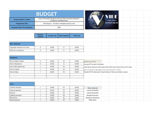 BUDGET
Group members' names:
Lauren Rosenfeld, Benjamin Karrass, Nikon Ahamed, Benjamin
Goldstone and Millie West
Programme Title: Vibe Reports - The Rise In Neighbourhood Crime
Proposed Date Of Completion: 2018
Amount
required
Cost per unit Days required Total cost
Misc. Materials
Copyright clearance for music 0 £0.00 0 £0.00
DVD-Rs for showreel 0 £0.00 0 £0.00
Equipment
Hire of Video camera 2 £0.00 10 £0.00 Panasonic HC-v750
Hire of Steadicam 0 £0.00 0 £0.00 Neewer® Portable FilmMaker
Hire of Microphone kit 1 £0.00 10 £0.00 Rode Rycote Videomic with Deadcat Wind Muff, Micro-Boom Pole and VC1 Cable
Hire of Tripod 1 £0.00 10 £0.00 K&F Concept 60'' Lightweight Travel Tripod Aluminum TL2023
Hire of Dolly 1 £0.00 10 £0.00 Ravelli ATD Professional Tripod Dolly for Photo and Video Camera
0 £0.00 0 £0.00
0 £0.00 0 £0.00
Crew
Camera assistant 1 £0.00 10 £0.00 Nikon Ahamed
Camera operator 1 £0.00 10 £0.00 Lauren Rosenfeld
Director 1 £0.00 10 £0.00 Lauren Rosenfeld
Lighting assistant 1 £0.00 10 £0.00 Benjamin Karrass
Researcher 1 £0.00 10 £0.00 Benjamin Goldstone
Sound operator 1 £0.00 10 £0.00 Millie West
 