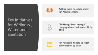 Key initiatives
for Wellness ,
Water and
Sanitation
Adding more hospitals under
Jan Arogya scheme
“TB Harega Desh Jeetega”
campaign launched to end TB by
2025
Jan Aushadhi Kendra to reach
every district by 2024
 