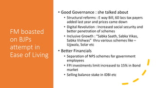 FM boasted
on BJPs
attempt in
Ease of Living
• Good Governance : she talked about
• Structural reforms : E way Bill, 60 lacs tax payers
added last year and prices came down
• Digital Revolution : Increased social security and
better penetration of schemes
• Inclusive Growth : “Sabka Saath, Sabka Vikas,
Sabka Vishwas” thru various schemes like –
Ujjwala, Solar etc
• Better Financials
• Separation of NPS schemes for government
employees
• FPI investments limit increased to 15% in Bond
market
• Selling balance stake in IDBI etc
 