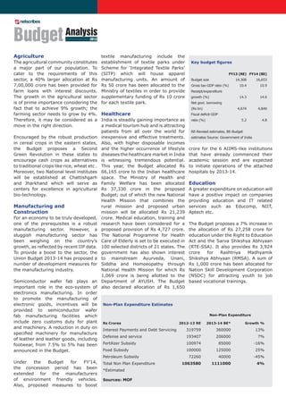 Budget Analysis                        2013



Agriculture                                   textile manufacturing include the
The agricultural community constitutes        establishment of textile parks under         Key budget figures
a major part of our population. To            Scheme for ‘Integrated Textile Parks’
cater to the requirements of this             (SITP) which will house apparel              	                        FY13 (RE)	 FY14 (BE)
sector, a 40% larger allocation at Rs         manufacturing units. An amount of            Budget size 	                 14,308	   16,653
7,00,000 crore has been provided for          Rs 50 crore has been allocated to the        Gross tax-GDP ratio (%)	        10.4	     10.9
farm loans with interest discounts.           Ministry of textiles in order to provide     Receipt/expenditure
The growth in the agricultural sector         supplementary funding of Rs 10 crore         growth (%)	                     14.3	     14.6
is of prime importance considering the        for each textile park.                       Net govt. borrowing
fact that to achieve 9% growth; the                                                        (Rs bn)	                       4,674	    4,840
farming sector needs to grow by 4%.           Healthcare                                   Fiscal deficit-GDP
Therefore, it may be considered as a          India is steadily gaining importance as      ratio (%)	                       5.2	      4.8
move in the right direction.                  a medical tourism hub and is attracting
                                              patients from all over the world for         RE-Revised estimates, BE-Budget
Encouraged by the robust production           inexpensive and effective treatments.        estimates Source: Government of India
in cereal crops in the eastern states,        Also, with higher disposable incomes
the Budget proposes a Second                  and the higher occurrence of lifestyle      crore for the 6 AIIMS-like institutions
Green Revolution in these states to           diseases the healthcare market in India     that have already commenced their
encourage cash crops as alternatives          is witnessing tremendous potential.         academic session and are expected
to traditional crops like rice, wheat etc .   This year, the Budget allocated Rs          to initiate operations of the attached
Moreover, two National level institutes       66,165 crore to the Indian healthcare       hospitals by 2013-14.
will be established at Chattishgarh           space. The Ministry of Health and
and Jharkhand which will serve as             Family Welfare has been allocated           Education
centers for excellence in agricultural        Rs 37,330 crore in the proposed             A greater expenditure on education will
bio-technology.                               Budget; out of which the new National       have a positive impact on companies
                                              Health Mission that combines the            providing education and IT related
Manufacturing and                             rural mission and proposed urban            services such as Educomp, NIIT,
Construction                                  mission will be allocated Rs 21,239         Aptech etc.
For an economy to be truly developed,         crore. Medical education, training and
one of the prerequisites is a robust          research have been considered for a         The Budget proposes a 7% increase in
manufacturing sector. However, a              proposed provision of Rs 4,727 crore.       the allocation of Rs 27,258 crore for
sluggish manufacturing sector has             The National Programme for Health           education under the Right to Education
been weighing on the country’s                Care of Elderly is set to be executed in    Act and the Sarva Shikshya Abhiyaan
growth, as reflected by recent IIP data.      100 selected districts of 21 states. The    (RTE-SSA). It also provides Rs 3,924
To provide a boost to the sector, the         government has also shown interest          crore    for   Rashtriya    Madhyamik
Union Budget 2013-14 has proposed a           to mainstream Ayurveda, Unani,              Shikshya Abhiyaan (RMSA). A sum of
number of development measures for            Siddha and Homoeopathy through              Rs 1,000 crore has been allocated for
the manufacturing industry.                   National Health Mission for which Rs        Nation Skill Development Corporation
                                              1,069 crore is being allotted to the        (NSDC) for attracting youth to job
Semiconductor wafer fab plays an              Department of AYUSH. The Budget             based vocational trainings.
important role in the eco-system of           also declared allocation of Rs 1,650
electronics manufacturing. In order
to promote the manufacturing of
electronic goods, incentives will be          Non-Plan Expenditure Estimates
provided to semiconductor wafer
fab manufacturing facilities which            	                                                          Non-Plan Expenditure

include zero customs duty for plant           Rs Crores	                              2012-13 RE	       2013-14 BE*	          Growth %
and machinery. A reduction in duty on
                                              Interest Payments and Debt Servicing	      319759	            360000	                13%
specified machinery for manufacture
                                              Defense and service	                       193407	            206000	                 7%
of leather and leather goods, including
footwear, from 7.5% to 5% has been            Fertilizer Subsidy	                        100974	                85000	             -16%
announced in the Budget.                      Food Subsidy	                              100000	            125000	                25%
                                              Petroleum Subsidy	                          72260	                40000	             -45%
Under   the   Budget  for  FY’14,             Total Non Plan Expenditure	              1063580	1111000	                             4%
the concession period has been
                                              *Estimated
extended for the manufacturers                			
of environment friendly vehicles.             Sources: MOF			
Also, proposed measures to boost
 