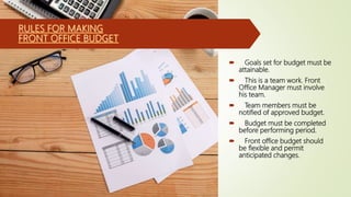  Goals set for budget must be
attainable.
 This is a team work. Front
Office Manager must involve
his team.
 Team members must be
notified of approved budget.
 Budget must be completed
before performing period.
 Front office budget should
be flexible and permit
anticipated changes.
 