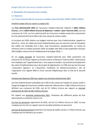 Budget 2022 de l’assurance maladie-maternité
12 | 63
2. Modalités d’évaluation des crédits
2.1 Dépenses
2.1.1 Frais administratifs de l’assurance maladie-maternité (CNS, CMFEP, CMFEC, EMCFL)
Variation budget 2022 par rapport au budget 2021
Les frais administratifs 2022 de l’assurance maladie-maternité s’élèvent à 108,2 millions
d’euros, contre 100,9 millions d’euros de dépenses « votées » pour l’exercice 2021, soit une
croissance de 7,2%. Les frais administratifs de l’assurance maladie-maternité comprennent
les frais administratifs de la CNS et des trois caisses du secteur public.
La circulaire de l’IGSS relative aux budgets internes pour frais d’administration rappelle au
point 9.4. « Ainsi, les crédits pour frais d’administration pour les exercices visés (à l’exception
des crédits non limitatifs) sont à fixer, sauf circonstances exceptionnelles, au niveau du
minimum entre le compte provisoire 2020, du budget voté 2021 et des propositions ISS pour
2022 (chiffres retenus lors de l’établissement du budget 2021). »
Or, les crédits limitatifs de l’assurance maladie-maternité pour 2022 présentent une
croissance de 15,3% par rapport au montant voté et arrêté pour l’exercice 2021. Cette hausse
est à expliquer par l’augmentation des « Frais experts et études » qui provient principalement
des coûts d’implémentation pour des projets de digitalisation à la CNS ainsi que les frais pour
« Acquisition logiciels » et « Acquisition installation de télécommunications » afin de
s’approprier d’un logiciel CRM et d’une centrale téléphonique dans la Cité de la sécurité
sociale.
Variation des dépenses 2022 par rapport aux montants prévisionnels 2021
Les frais d’administration prévisibles de la CNS et des caisses de maladie du secteur public à
charge du budget de l’assurance maladie-maternité s’élèvent donc à 108,2 millions d’euros et
affichent une croissance de 9,9%, soit de 9,7 millions d’euros par rapport au montant
prévisionnel de 2021 de 98,5 millions d’euros.
Par rapport aux montants prévisionnels 2021, l’évolution des différents postes de frais
administratifs se présente comme suit :
Les frais de personnel augmentent de 8,0%, soit de 5,2 millions d’euros en 2022. Ce taux
s’explique par les frais en rapport avec les nouvelles dotations en personnel.
Les frais de fonctionnement présentent une hausse de 16,0%, soit de 1,7 millions d’euros, qui
s’explique par les éléments qui suivent :
 