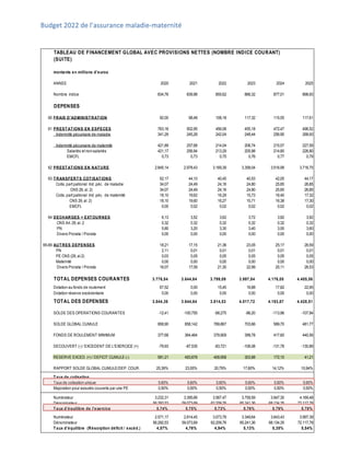 Budget 2022 de l’assurance maladie-maternité
59 | 63
TABLEAU DE FINANCEMENT GLOBAL AVEC PROVISIONS NETTES (NOMBRE INDICE COURANT)
(SUITE)
montants en millions d'euros
ANNEE 2020 2021 2022 2023 2024 2025
Nombre indice 834,76 839,98 855,62 866,32 877,01 898,93
DEPENSES
60 FRAIS D'ADMINISTRATION 92,00 98,48 108,18 117,32 115,55 117,61
61 PRESTATIONS EN ESPECES 763,18 502,95 456,08 455,18 472,47 496,52
Indemnité pécuniaire de maladie 341,29 245,28 242,04 248,44 256,90 268,93
Indemnité pécuniaire de maternité 421,89 257,68 214,04 206,74 215,57 227,59
Salariés et non-salariés 421,17 256,94 213,29 205,98 214,80 226,80
EMCFL 0,73 0,73 0,75 0,76 0,77 0,79
62 PRESTATIONS EN NATURE 2.845,14 2.978,43 3.169,39 3.358,04 3.516,99 3.716,75
63 TRANSFERTS COTISATIONS 52,17 44,10 40,45 40,53 42,05 44,17
Cotis. part patronal Ind. péc. de maladie 34,07 24,49 24,16 24,80 25,65 26,85
CNS 29, al. 2) 34,07 24,49 24,16 24,80 25,65 26,85
Cotis. part patronal Ind. péc. de maternité 18,10 19,62 16,29 15,73 16,40 17,32
CNS 29, al. 2) 18,10 19,60 16,27 15,71 16,38 17,30
EMCFL 0,00 0,02 0,02 0,02 0,02 0,02
64 DECHARGES + EXTOURNES 6,13 3,52 3,62 3,72 3,82 3,92
CNS Art. 29, al. 2 0,32 0,32 0,32 0,32 0,32 0,32
PN 5,80 3,20 3,30 3,40 3,50 3,60
Divers Prorata / Prorata 0,00 0,00 0,00 0,00 0,00 0,00
65-69 AUTRES DEPENSES 18,21 17,15 21,36 23,05 25,17 26,59
PN 2,11 0,01 0,01 0,01 0,01 0,01
PE CNS (29, al.2) 0,03 0,05 0,05 0,05 0,05 0,05
Maternité 0,00 0,00 0,00 0,00 0,00 0,00
Divers Prorata / Prorata 16,07 17,09 21,30 22,99 25,11 26,53
TOTAL DEPENSES COURANTES 3.776,84 3.644,64 3.799,09 3.997,84 4.176,05 4.405,56
Dotation au fonds de roulement 67,52 0,00 15,45 19,88 17,82 22,95
Dotation réserve excédentaire 0,00 0,00 0,00 0,00 0,00 0,00
TOTAL DES DEPENSES 3.844,36 3.644,64 3.814,53 4.017,72 4.193,87 4.428,51
SOLDE DES OPERATIONS COURANTES -12,41 -100,755 -68,275 -86,20 -113,96 -107,94
SOLDE GLOBAL CUMULE 958,90 858,142 789,867 703,66 589,70 481,77
FONDS DE ROULEMENT MINIMUM 377,68 364,464 379,909 399,78 417,60 440,56
DECOUVERT (-) / EXCEDENT DE L'EXERCICE (+) -79,93 -87,535 -83,721 -106,08 -131,78 -130,89
RESERVE EXCED. (+) / DEFICIT CUMULE (-) 581,21 493,678 409,958 303,88 172,10 41,21
RAPPORT SOLDE GLOBAL CUMULE/DEP. COUR. 25,39% 23,55% 20,79% 17,60% 14,12% 10,94%
Taux de cotisation
Taux de cotisation unique 5,60% 5,60% 5,60% 5,60% 5,60% 5,60%
Majoration pour assurés couverts par une PE 0,50% 0,50% 0,50% 0,50% 0,50% 0,50%
Numérateur 3.232,31 3.395,66 3.567,47 3.759,59 3.947,30 4.169,48
Dénominateur 56.292,53 59.073,69 62.209,76 65.241,36 68.134,35 72.117,78
Taux d'équilibre de l'exercice 5,74% 5,75% 5,73% 5,76% 5,79% 5,78%
Numérateur 2.571,17 2.814,45 3.073,79 3.349,64 3.643,43 3.997,39
Dénominateur 56.292,53 59.073,69 62.209,76 65.241,36 68.134,35 72.117,78
Taux d'équilibre (Résorption déficit / excéd.) 4,57% 4,76% 4,94% 5,13% 5,35% 5,54%
 