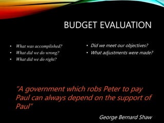 BUDGET EVALUATION
• Did we meet our objectives?
• What adjustments were made?
• What was accomplished?
• What did we do wrong?
• What did we do right?
“A government which robs Peter to pay
Paul can always depend on the support of
Paul”
George Bernard Shaw
 