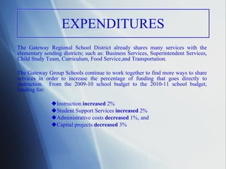 EXPENDITURES The Gateway Regional School District already shares many services with the elementary sending districts; such as: Business Services, Superintendent Services, Child Study Team, Curriculum, Food Service,and Transportation.  The Gateway Group Schools continue to work together to find more ways to share services in order to increase the percentage of funding that goes directly to instruction.  From the 2009-10 school budget to the 2010-11 school budget, funding for: Instruction  increased  2%  Student Support Services  increased  2% Administrative costs  decreased  1%, and  Capital projects  decreased  3% 