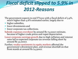 Fiscal deficit slipped to 5.9% in
          2012-Reasons
The government expects to end FY2012 with a fiscal deficit of 5.9%,
  much higher than 4.6% estimated earlier, largely due to
 higher subsidies,
 lower divestments and
 lower corporate tax collections.
Subsidy expenses overshoot by around Rs 73,000cr estimate,
  because of higher crude prices and rupee depreciation.
Lower corporate earnings growth due to high inflation and interest
  rates led to expected corporate tax revenue falling short by
  around Rs 32,000cr.
Further, weaker sentiments in equity markets affected the
  government's divestment plan, and revenue shortfall on that
  front stands at around Rs 24,500cr.
 