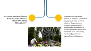 БУДІВНИЦТВО ДРУГОЇ ЧЕРГИ
НАЦІОНАЛЬНОГО МУЗЕЮ
"МЕМОРІАЛ ЖЕРТВ
ГОЛОДОМОРУ»
Ремонтно-реставраційні
роботи на об'єктах культурної
спадщини, в тому числі на
об'єктах Національного
історико-меморіального
заповідника «Бабин Яр» та
облаштування Національного
меморіального комплексу
Героїв Небесної Сотні -
Музею Революції гідності
 