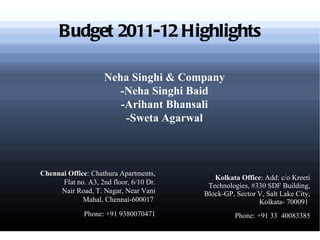 Budget 2011-12 Highlights ,[object Object],[object Object],[object Object],[object Object],Neha Singhi & Company -Neha Singhi Baid -Arihant Bhansali -Sweta Agarwal 