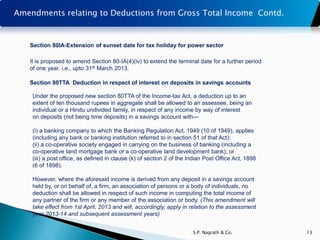Amendments relating to Deductions from Gross Total Income Contd.


   Section 80IA-Extension of sunset date for tax holiday for power sector

   It is proposed to amend Section 80-IA(4)(iv) to extend the terminal date for a further period
   of one year, i.e., upto 31st March 2013.

   Section 80TTA Deduction in respect of interest on deposits in savings accounts

    Under the proposed new section 80TTA of the Income-tax Act, a deduction up to an
    extent of ten thousand rupees in aggregate shall be allowed to an assessee, being an
    individual or a Hindu undivided family, in respect of any income by way of interest
    on deposits (not being time deposits) in arelating to Deductions
                        Amendments savings account with—
                         from Gross Total Income
    (i) a banking company to which the Banking Regulation Act, 1949 (10 of 1949), applies
    (including any bank or banking institution referred to in section 51 of that Act);
    (ii) a co-operative society engaged in carrying on the business of banking (including a
    co-operative land mortgage bank or a co-operative land development bank); or
    (iii) a post office, as defined in clause (k) of section 2 of the Indian Post Office Act, 1898
    (6 of 1898).

    However, where the aforesaid income is derived from any deposit in a savings account
    held by, or on behalf of, a firm, an association of persons or a body of individuals, no
    deduction shall be allowed in respect of such income in computing the total income of
    any partner of the firm or any member of the association or body. (This amendment will
    take effect from 1st April, 2013 and will, accordingly, apply in relation to the assessment
    year 2013-14 and subsequent assessment years)


                                                                       S.P. Nagrath & Co.            13
 