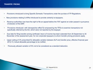 TRANSFER PRICING




•   Provisions introduced to bring Specific Domestic Transactions under the purview of TP Regulations.

•   New provisions relating to APAs introduced to provide certainty to taxpayers.

•   Revenue authorities now have the right to file an appeal before the ITAT against an order passed in pursuance
    of direction of the DRP.

•    Provisions introduced with retrospective effect for empowering the TPOs to examine transactions not
     specifically referred by the AO, which were not reported by the taxpayer.

•   Due date for filing transfer pricing certificate/ return of income has been extended from 30 September to 30
    November of the assessment year, for non corporate taxpayers to whom transfer pricing provisions apply.

•   Upper ceiling of 3% prescribed for allowable variation between ALP and transfer price, effective financial year
    2012-13. Actual allowable percentage to be notified.

•    Previously allowed variation of 5% not to be considered as a standard deduction.




                                                          S.P. Nagrath & Co.                                          24
 