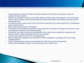 •   Tax concessions for parts of aircraft and testing equipment for third party maintenance, repair and
    overhaul of civilian aircraft.
•   Relief to be extended to sectors such as steel, textiles, branded ready made garments, low-cost medical
    devices, labour-intensive sectors producing items of mass consumption and matches produced by semi-
    mechanised units.
•   Concessional basic customs duty of 5 per cent with full exemption from excise duty/CVD to 6 specified life
    saving drugs/vaccines.
•   Basic customs duty reduced on Probiotics.
•   Concessions and exemptions proposed for encouraging the consumption of Energy-saving devices, plant
    and equipment needed for solar thermal projects.
•   Concession from basic customs duty and special CVD on certain items imported for manufacture for
    hybrid or electric vehicle and battery packs for such vehicles.
•   Customs duty raised from 2% to 4% on standard gold
•   Basic customs duty proposed to be enhanced for certain categories of completely built units of large
    cars/MUVs/SUVs.
•   Import of foreign-going vessels to be exempted from CVD of 5 per cent retrospectively.
•   Indirect taxes estimated to result in net revenue gain of Rs. 45,940 crore.




                                                                   S.P. Nagrath & Co.                            30
 