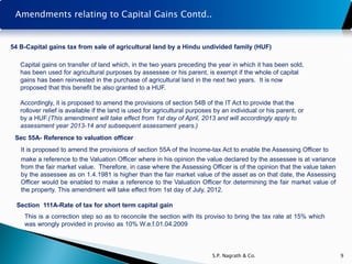 Amendments relating to Capital Gains Contd..


54 B-Capital gains tax from sale of agricultural land by a Hindu undivided family (HUF)

   Capital gains on transfer of land which, in the two years preceding the year in which it has been sold,
   has been used for agricultural purposes by assessee or his parent, is exempt if the whole of capital
   gains has been reinvested in the purchase of agricultural land in the next two years. It is now
   proposed that this benefit be also granted to a HUF.

   Accordingly, it is proposed to amend the provisions of section 54B of the IT Act to provide that the
   rollover relief is available if the land is used for agricultural purposes by an individual or his parent, or
   by a HUF.(This amendment will take effect from 1st day of April, 2013 and will accordingly apply to
   assessment year 2013-14 and subsequent assessment years.)
 Sec 55A- Reference to valuation officer
   It is proposed to amend the provisions of section 55A of the Income-tax Act to enable the Assessing Officer to
   make a reference to the Valuation Officer where in his opinion the value declared by the assessee is at variance
   from the fair market value. Therefore, in case where the Assessing Officer is of the opinion that the value taken
   by the assessee as on 1.4.1981 is higher than the fair market value of the asset as on that date, the Assessing
   Officer would be enabled to make a reference to the Valuation Officer for determining the fair market value of
   the property. This amendment will take effect from 1st day of July, 2012.

  Section 111A-Rate of tax for short term capital gain
    This is a correction step so as to reconcile the section with its proviso to bring the tax rate at 15% which
    was wrongly provided in proviso as 10% W.e.f.01.04.2009



                                                                            S.P. Nagrath & Co.                         9
 