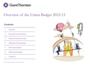 © Grant Thornton India LLP. All rights reserved.
Overview of the Union Budget 2012-13
Contents
1 Foreword
2 Key policy announcements
3 Fiscal and economic review
4 Snapshots of tax proposals
5 Direct tax proposals
6 Indirect tax proposals
7 Contact us
 