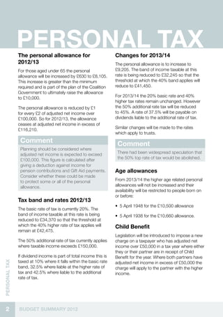 Personal tax
               The personal allowance for                           Changes for 2013/14
               2012/13                                              The personal allowance is to increase to
               For those aged under 65 the personal                 £9,205. The band of income taxable at this
               allowance will be increased by £630 to £8,105.       rate is being reduced to £32,245 so that the
               This increase is greater than the minimum            threshold at which the 40% band applies will
               required and is part of the plan of the Coalition    reduce to £41,450.
               Government to ultimately raise the allowance
               to £10,000.                                          For 2013/14 the 20% basic rate and 40%
                                                                    higher tax rates remain unchanged. However
               The personal allowance is reduced by £1              the 50% additional rate tax will be reduced
               for every £2 of adjusted net income over             to 45%. A rate of 37.5% will be payable on
               £100,000. So for 2012/13, the allowance              dividends liable to the additional rate of tax.
               ceases at adjusted net income in excess of
               £116,210.                                            Similar changes will be made to the rates
                                                                    which apply to trusts.
                Comment                                              Comment
                Planning should be considered where
                adjusted net income is expected to exceed            There had been widespread speculation that
                £100,000. This figure is calculated after            the 50% top rate of tax would be abolished.
                giving a deduction against income for
                pension contributions and Gift Aid payments.        Age allowances
                Consider whether these could be made
                to protect some or all of the personal              From 2013/14 the higher age related personal
                allowance.                                          allowances will not be increased and their
                                                                    availability will be restricted to people born on
                                                                    or before:
               Tax band and rates 2012/13
                                                                    •• 5 April 1948 for the £10,500 allowance
               The basic rate of tax is currently 20%. The
               band of income taxable at this rate is being         •• 5 April 1938 for the £10,660 allowance.
               reduced to £34,370 so that the threshold at
               which the 40% higher rate of tax applies will        Child Benefit
               remain at £42,475.
                                                                    Legislation will be introduced to impose a new
               The 50% additional rate of tax currently applies     charge on a taxpayer who has adjusted net
               where taxable income exceeds £150,000.               income over £50,000 in a tax year where either
                                                                    they or their partner are in receipt of Child
               If dividend income is part of total income this is   Benefit for the year. Where both partners have
               taxed at 10% where it falls within the basic rate
Personal tax




                                                                    adjusted net income in excess of £50,000 the
               band, 32.5% where liable at the higher rate of       charge will apply to the partner with the higher
               tax and 42.5% where liable to the additional         income.
               rate of tax.




  2            BUDGET SUMMARY 2012
 