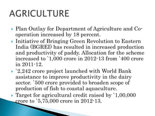    Plan Outlay for Department of Agriculture and Co-
    operation increased by 18 percent.
   Initiative of Bringing Green Revolution to Eastern
    India (BGREI) has resulted in increased production
    and productivity of paddy. Allocation for the scheme
    increased to `1,000 crore in 2012-13 from `400 crore
    in 2011-12.
   `2,242 crore project launched with World Bank
    assistance to improve productivity in the dairy
    sector. `500 crore provided to broaden scope of
    production of fish to coastal aquaculture.
   Target for agricultural credit raised by `1,00,000
    crore to `5,75,000 crore in 2012-13.
 