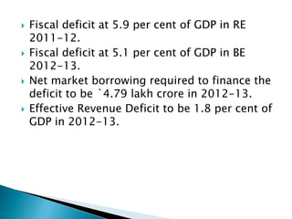    Fiscal deficit at 5.9 per cent of GDP in RE
    2011-12.
   Fiscal deficit at 5.1 per cent of GDP in BE
    2012-13.
   Net market borrowing required to finance the
    deficit to be `4.79 lakh crore in 2012-13.
   Effective Revenue Deficit to be 1.8 per cent of
    GDP in 2012-13.
 