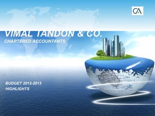 VIMAL TANDON & CO.
CHARTERED ACCOUNTANTS




BUDGET 2012-2013
HIGHLIGHTS
 