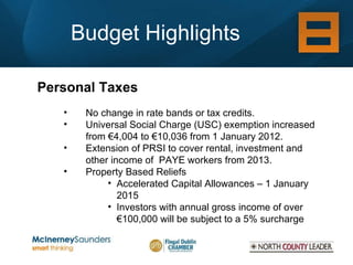 Budget Highlights Personal Taxes No change in rate bands or tax credits. Universal Social Charge (USC) exemption increased from €4,004 to €10,036 from 1 January 2012. Extension of PRSI to cover rental, investment and other income of  PAYE workers from 2013. Property Based Reliefs Accelerated Capital Allowances – 1 January 2015 Investors with annual gross income of over €100,000 will be subject to a 5% surcharge 