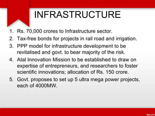 INFRASTRUCTURE
1. Rs. 70,000 crores to Infrastructure sector.
2. Tax-free bonds for projects in rail road and irrigation.
3. PPP model for infrastructure development to be
revitalised and govt. to bear majority of the risk.
4. Atal Innovation Mission to be established to draw on
expertise of entrepreneurs, and researchers to foster
scientific innovations; allocation of Rs. 150 crore.
5. Govt. proposes to set up 5 ultra mega power projects,
each of 4000MW.
 