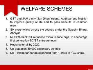 WELFARE SCHEMES
1. GST and JAM trinity (Jan Dhan Yojana, Aadhaar and Mobile)
to improve quality of life and to pass benefits to common
man.
2. Six crore toilets across the country under the Swachh Bharat
Abhiyan.
3. MUDRA bank will refinance micro finance orgs. to encourage
first generation SC/ST entrepreneurs.
4. Housing for all by 2020.
5. Up-gradation 80,000 secondary schools.
6. DBT will be further be expanded from 1 crore to 10.3 crore.
 